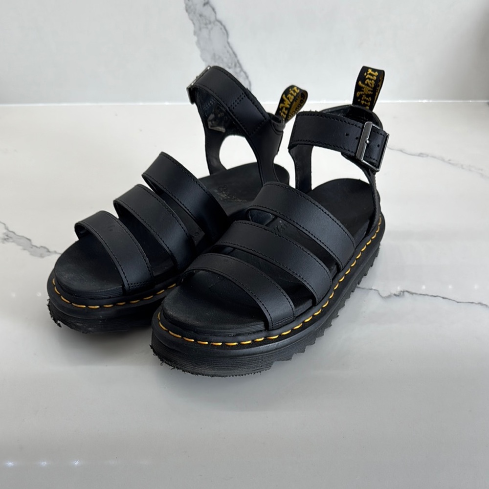 Dr. Martens Black Leather Strappy Platform Sandals with Yellow Stitching